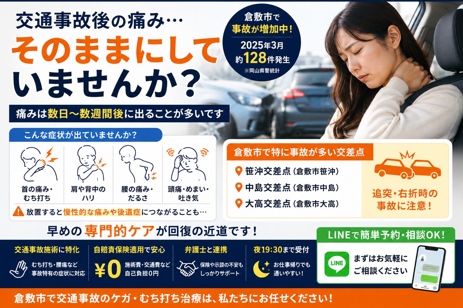 【倉敷市】4月の交通事故と「むち打ち」対策｜後から強くなる痛みを放置してはいけない理由